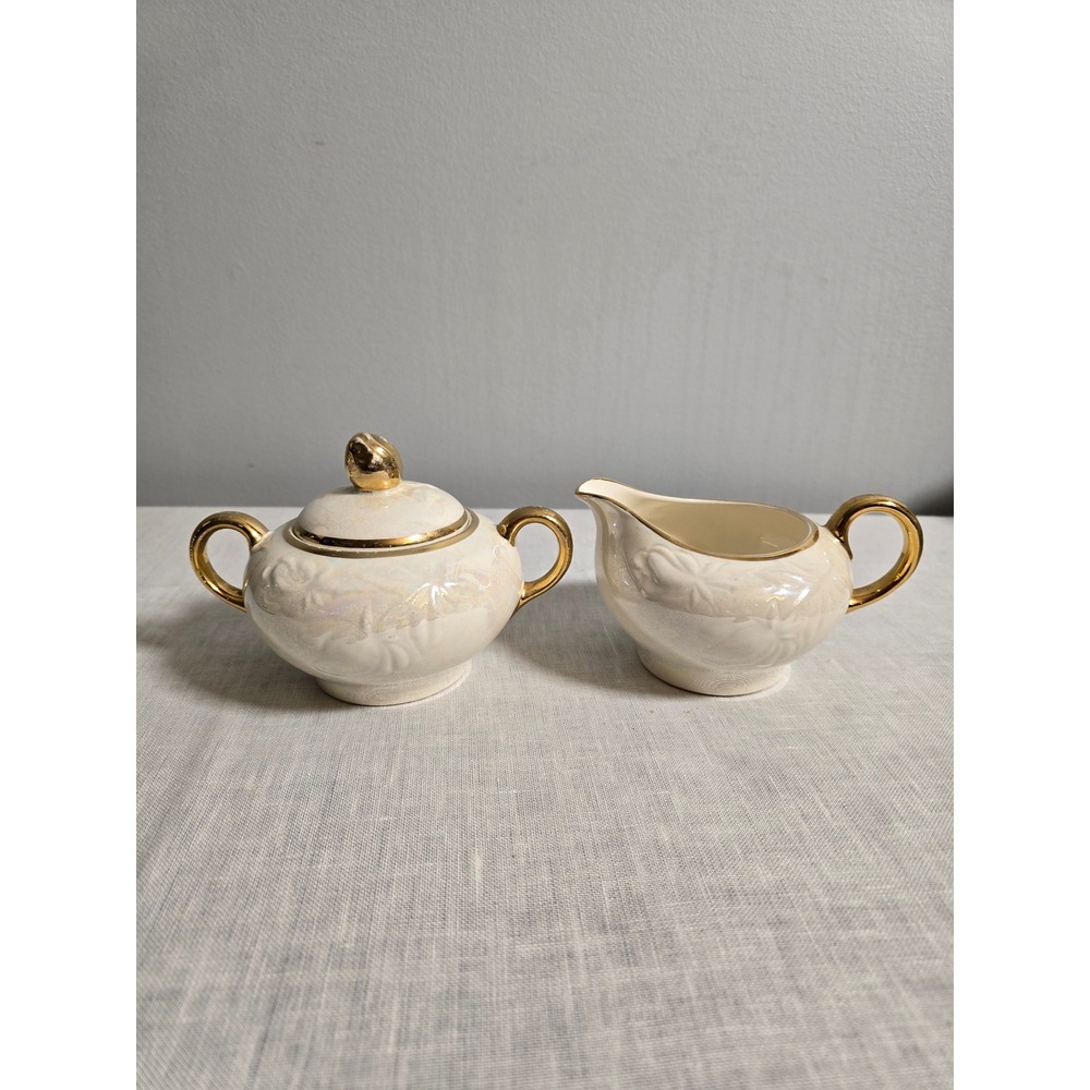 Pearl China Co Sugar Bowl and Creamer Set Iridescent Gold Trim Vintage 2pc
